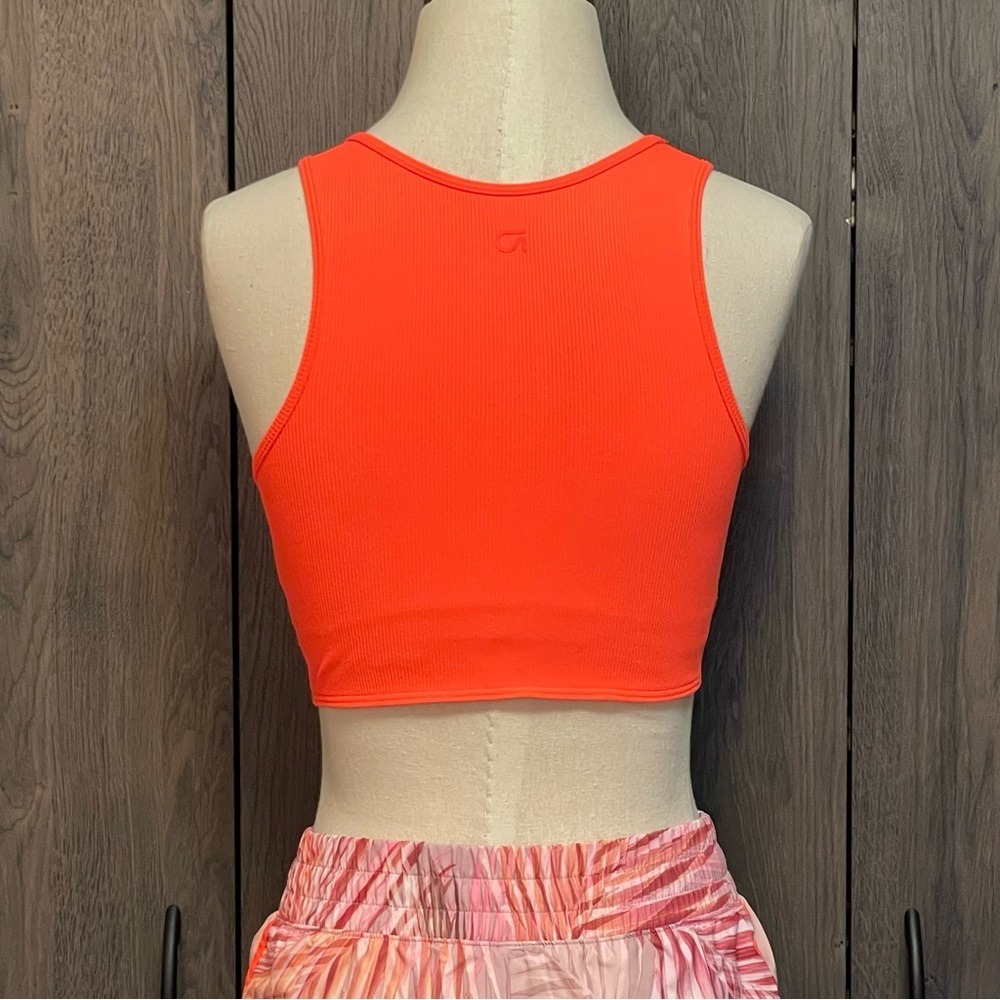 GapFit Womens Ribbed Front Knot Crop Top Neon Orange Shelf Bra Tank Small - Picture 2 of 7